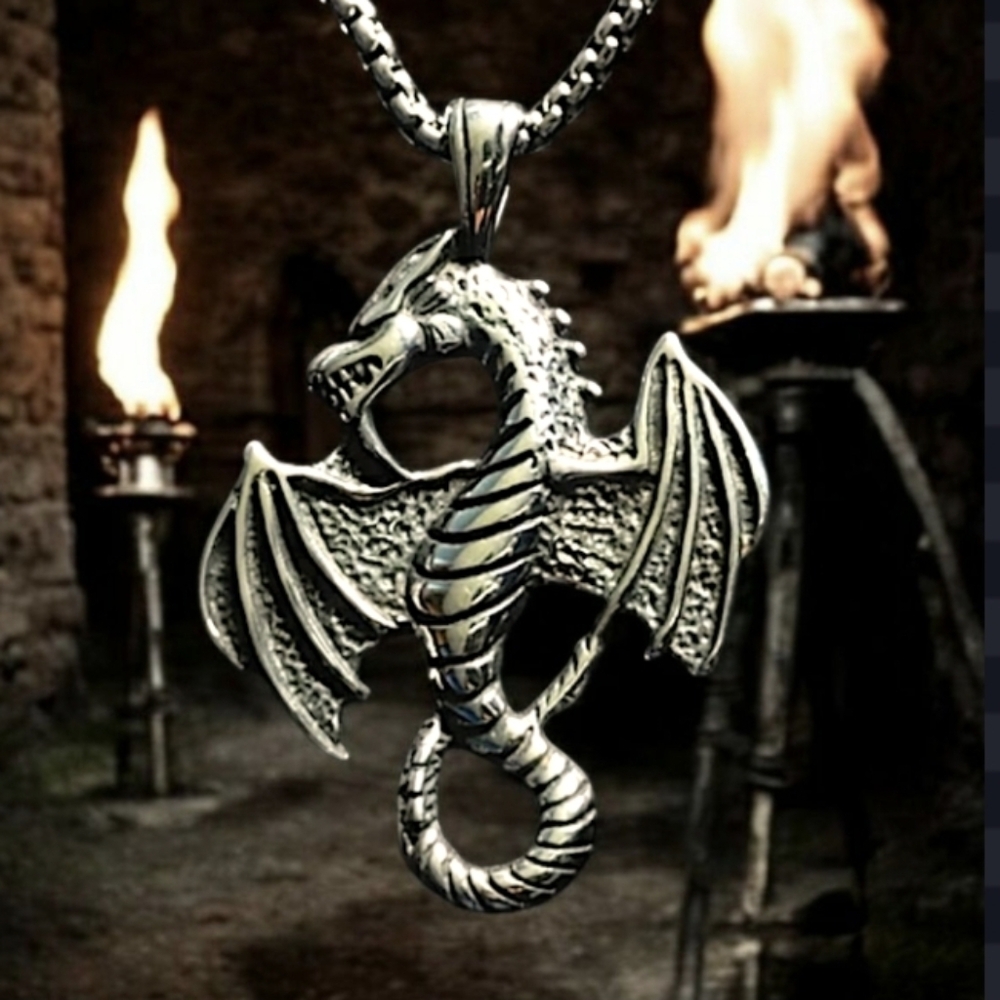 🔥🐍NEW Stainless Steel Silver Dragon Pendant Necklace